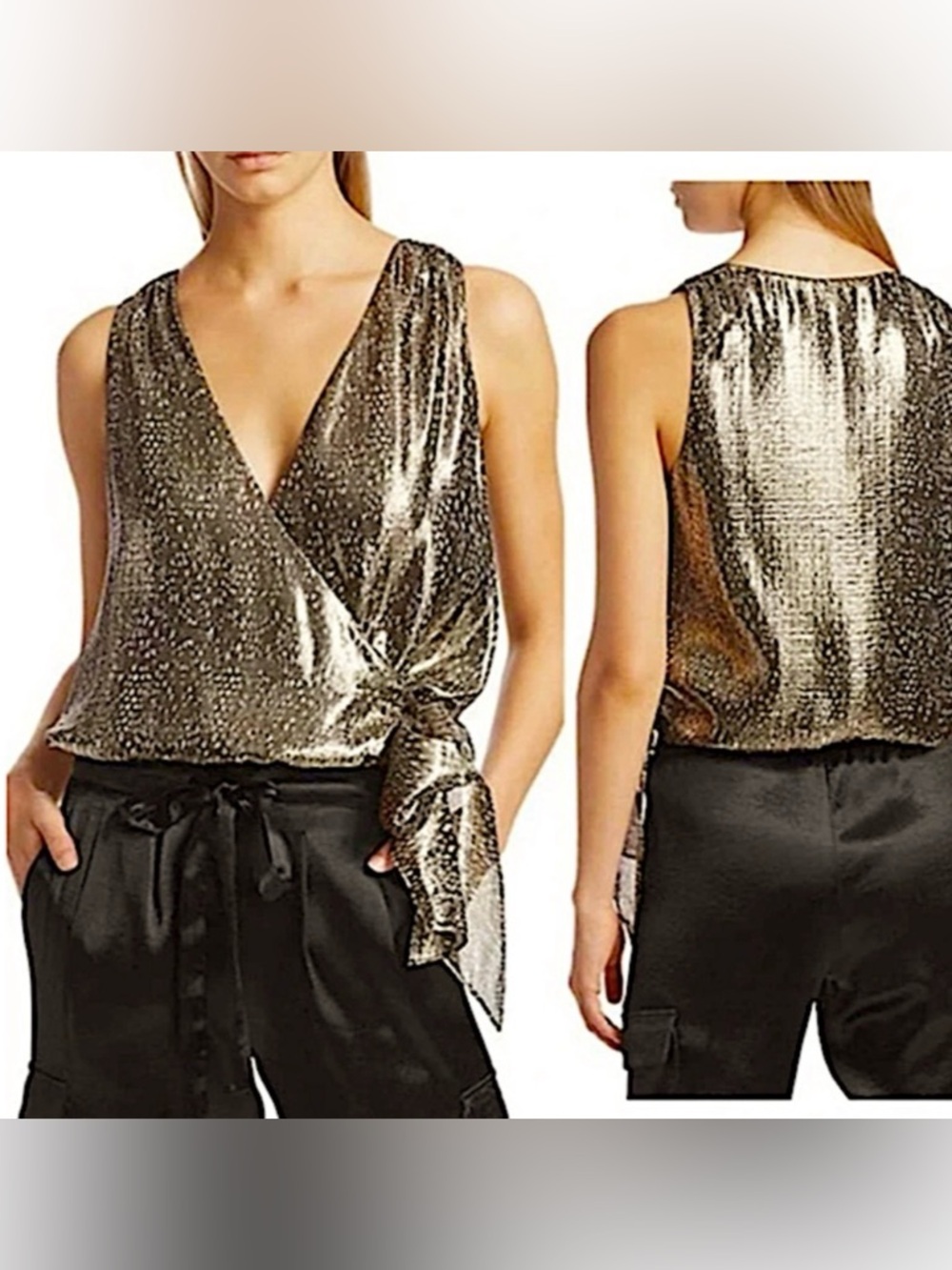 Ramy Brook Nora Metallic Side Tie Top Gold Black Sleeveless Large NWT